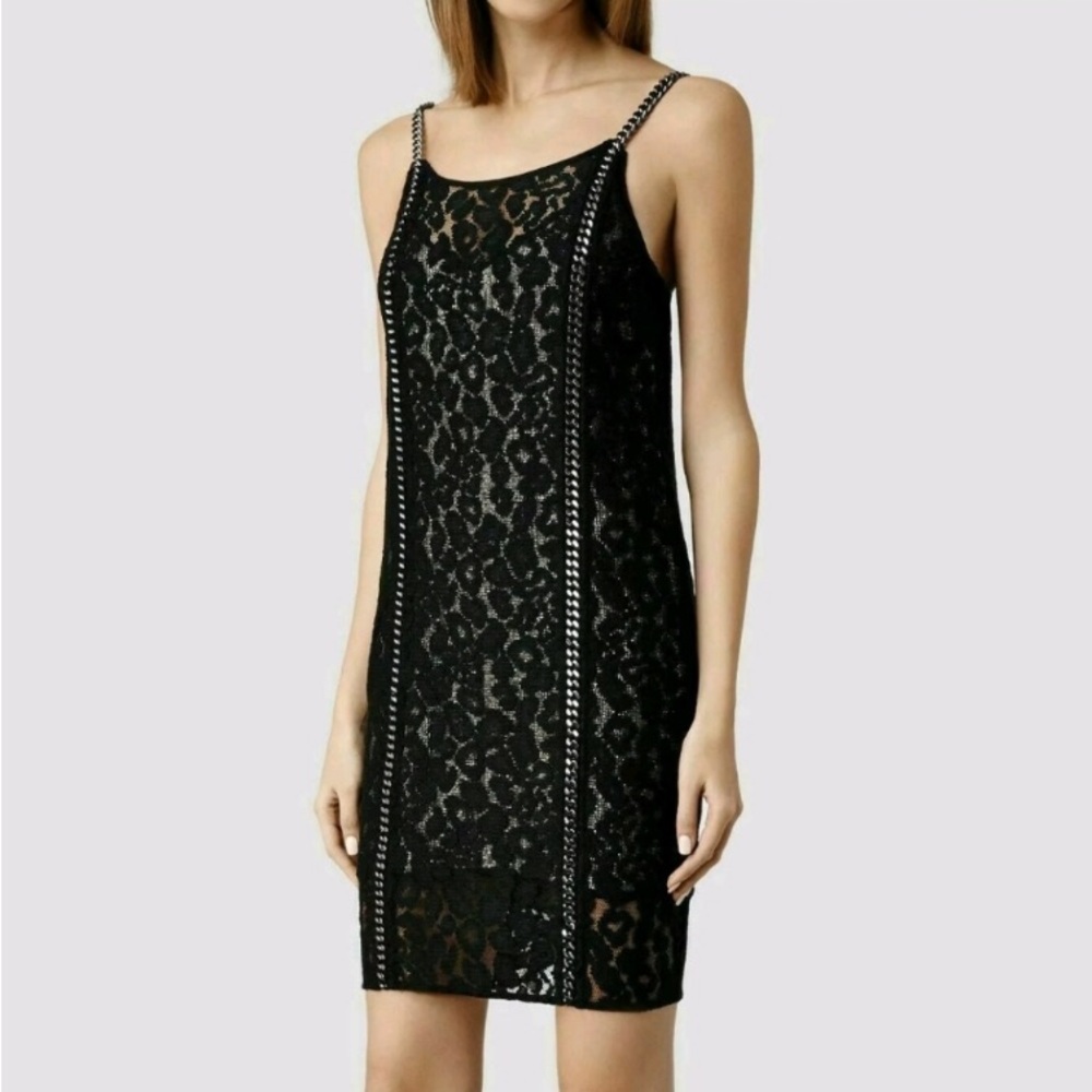 New w/o tags AllSaints Black Lace Chain Cocktail Dress Size 8,retaliated $505!
